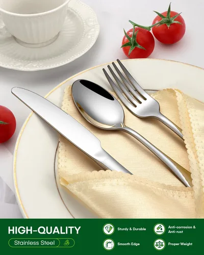 Vista 5 de PHILIPALA - Juego de cubiertos de 24 piezas con cuchillos para carne, juego de cubiertos de acero inoxidable para 4 cubiertos de grado alimenticio