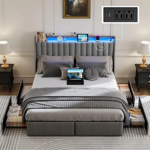 Vista 14 de SADENICEL Full Size Bed Frame with 4 Storage Drawer, Full Bed Frame, Grey