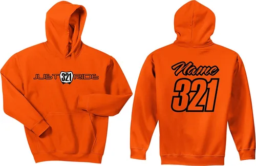 Vista 2 de Just Ride Sudadera con capucha de motocross, placa de matrícula, personalizable, color naranja