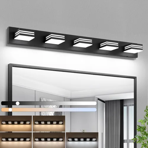 Vista 20 de Moderna lámpara LED para tocador de baño (3 luces, 24 pulgadas) (5CCT, regulable), negro mate moderno para pared de baño