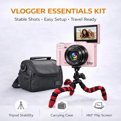 Vista 3 de Cámara digital 4K 64MP Vlogger Essentials Kit con trípode flexible, funda de transporte, lente gran angular, pantalla abatible de 180°, WiFi, zoom