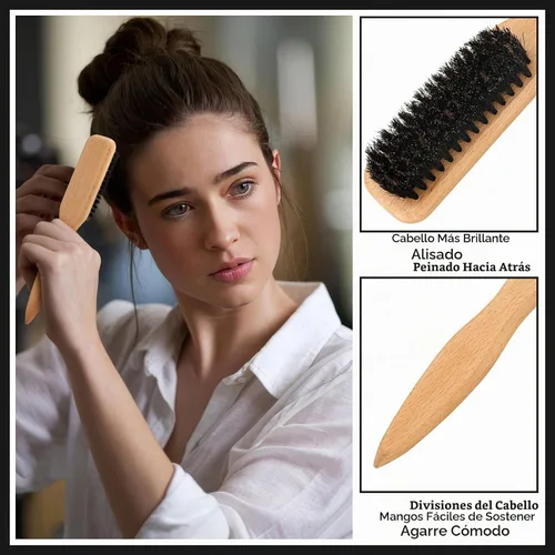 Vista 3 de Cepillo de cerdas de jabalí con cepillo de cerdas anchas de jabalí, barra de cera para el cabello, 500 bandas elásticas de goma para mujeres y Negro