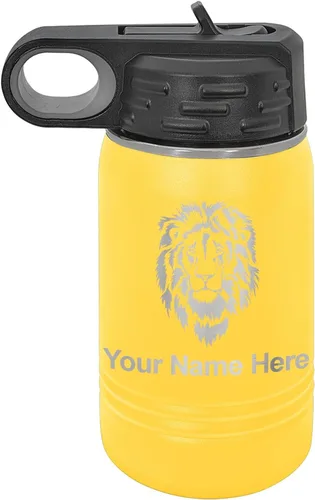 Vista 52 de LaserGram Botella de agua personalizada, cabeza de león, acero inoxidable de doble pared aislada al vacío con popote superior, regalo grabado