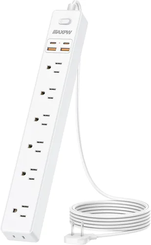 Vista 12 de Regleta protectora de sobretensiones de 6 pies, 7 tomacorrientes, 4 puertos USB (2 USB C), cable de extensión plano ultrafino y enchufe plano, 1700