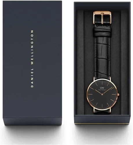 Vista 8 de Daniel Wellington Reloj de lectura clásico, correa de cuero negro italiano
