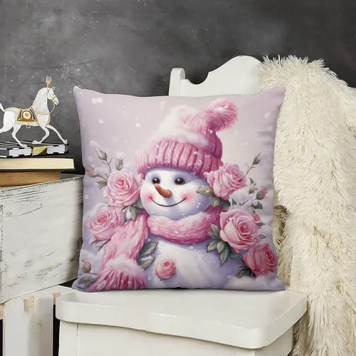 Vista 9 de Funda de cojín de muñeco de nieve con rosas rosadas, bufanda y sombrero, funda de almohada para cama, decoración moderna para sofá, dormitorio, sala
