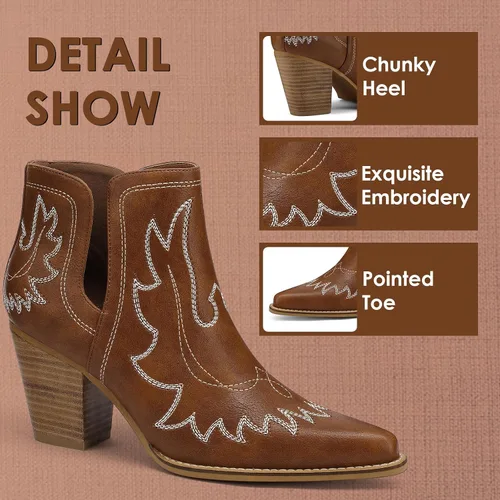 Vista 3 de Botas vaqueras para mujer, con puntera puntiaguda, bordadas, sin botones, botas vaqueras con tacón grueso, botines occidentales