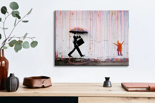 Vista 5 de Wieco Art Banksy Lluvia o Graffiti Colorido Callejero Famoso Pinturas en Lienzo Arte de Pared Moderno Inspirador Imágenes de Amor en Gris Impresión