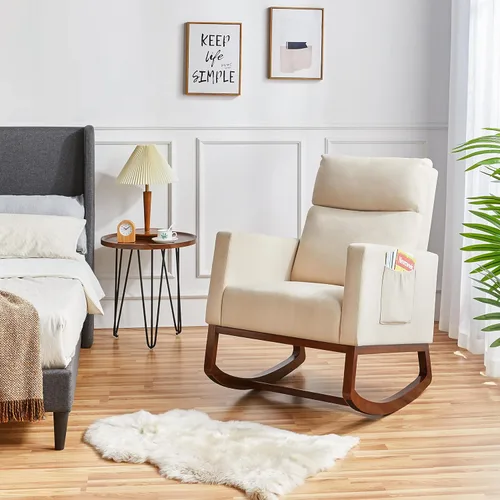 Vista 4 de Yaheetech Mecedora tapizada para cuarto de bebé, con patas de madera de goma, bolsillo lateral, sillón con respaldo alto para sala de estar, Beige