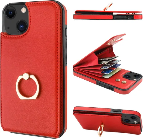 Vista 25 de Folosu Funda tipo billetera compatible con iPhone 14 con soporte para tarjetas, soporte de anillo para dedo con rotación de 360° y función atril