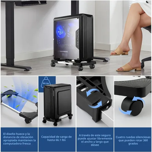 Vista 5 de Soporte de torre de computadora, Soporte de CPU móvil ajustable de Hmseng con 4 ruedas giratorias, Soporte de torre de PC para la mayoría de PC Negro