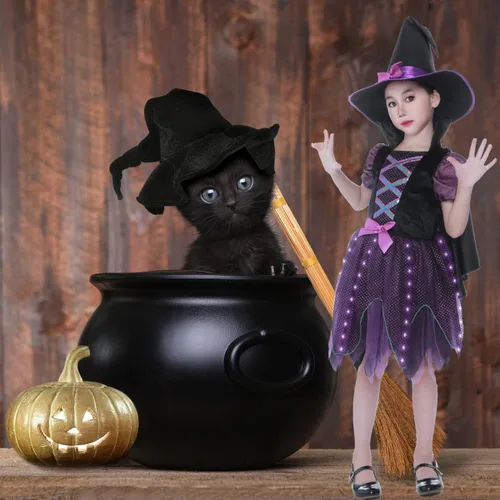 Vista 4 de Sincere Party Disfraz de bruja de Halloween para niñas, adorable disfraz de bruja colorido neón de lujo.