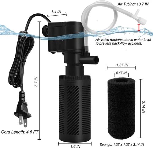 Vista 5 de DOMICA Filtro de acuario pequeño con sistema de aireación 92GPH 5W Filtro interno para tanque de peces de 3 a 10 galones, filtro sumergible