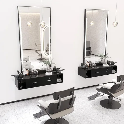 Vista 2 de OmySalon Estación de estilo de montaje en pared para estilista, equipo de peluquería de belleza, estación de gabinete de salón con cajones de Negro