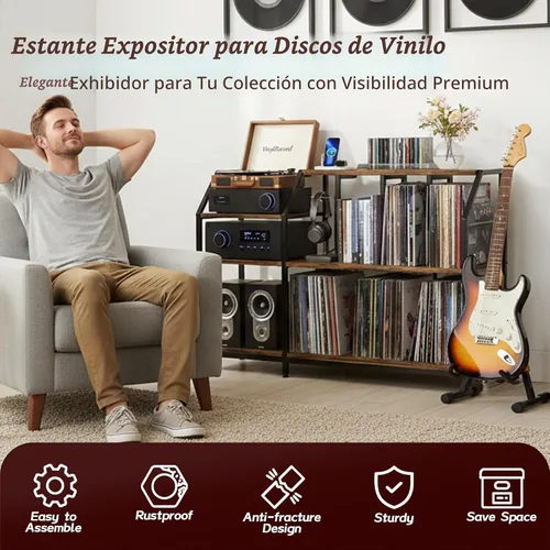 Vista 4 de Faesun - Soporte grande para tocadiscos con almacenamiento de discos de vinilo y tomas de corriente, gabinete de almacenamiento de más de 500 Marrón