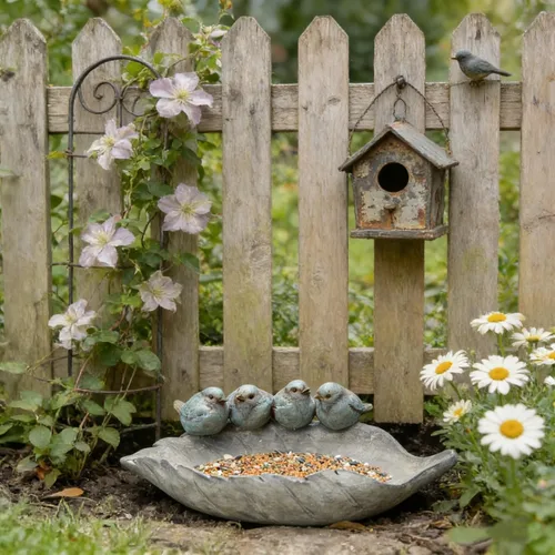Vista 4 de Bird-Feeder - Cuenco de baño para pájaros salvajes al aire libre, decoración de jardín, pájaros de poliresina en la hoja, 12.4 x 7.5 x 4.1 pulgadas