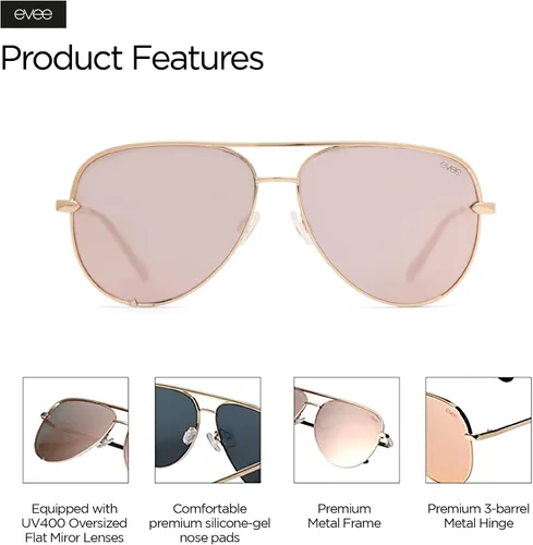 Vista 5 de EVEE Gafas de sol de aviador de metal a la moda con lentes de espejo reflectantes planos de gran tamaño (GEMINI)