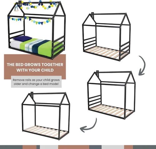 Vista 2 de Cama Montessori, Marco de cama de casa para niños pequeños tamaño individual de EE. UU., Marco de cama Montessori piso, Cama con dosel con listones