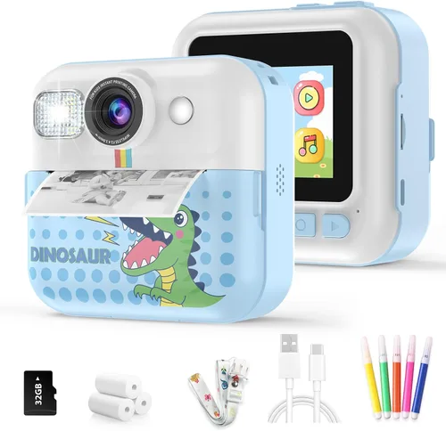 Vista 8 de Cámara para Niños Varones, Cámara de Juguete Portátil de Impresión Azul para Niños Pequeños 1080P Cámaras de Video Niños Cámara de Impresión