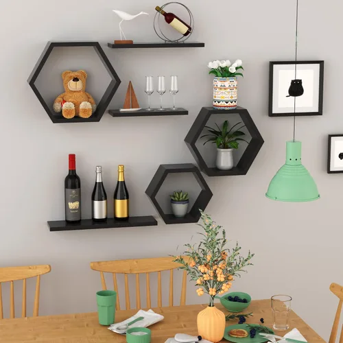 Vista 4 de Estantes hexagonales flotantes geométricos de panal – Estantes flotantes hexagonales montados en la pared, estantes de pared de panal juego de 6