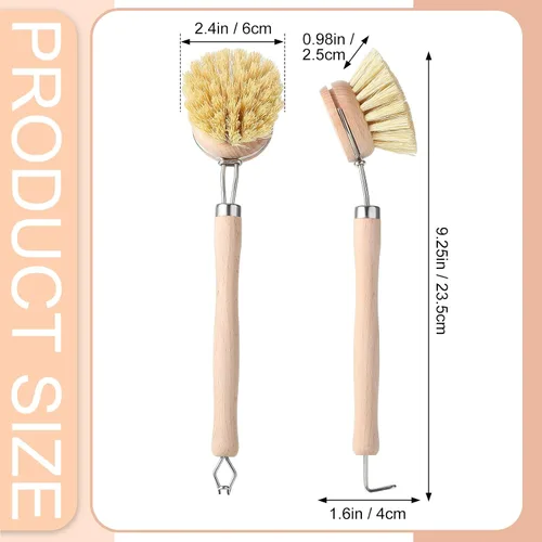 Vista 2 de Maxdot 4 cepillos de cocina con mango de madera de haya, mango de madera natural, cepillo de cerdas de fibra, cepillo de repuesto de 2 pulgadas