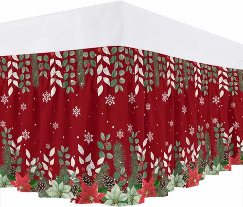 Vista 7 de Falda de cama de Pascua de Navidad, tamaño Queen de 16 pulgadas de caída, ajustable y elástica, plisada, con volantes de polvo de lujo para cama