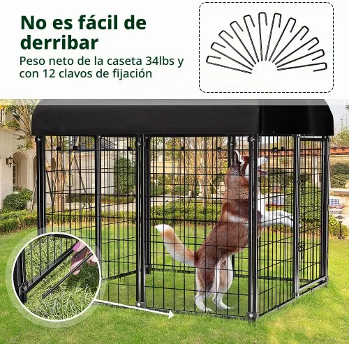 Vista 8 de Perrera exterior con techo, 4'x4'x4.5' Perrera para perros al aire libre Heavy-duty Welded Steel, UV-resistant Waterproof Cover, Secure Lock, Dog