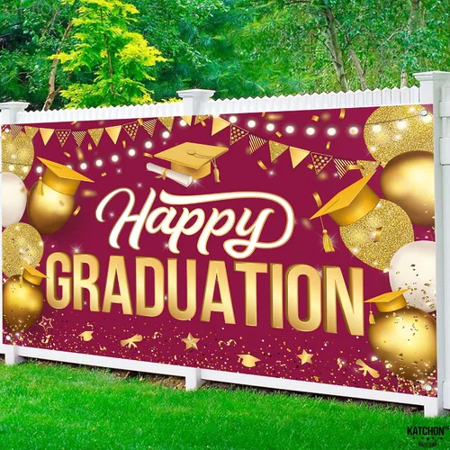 Vista 6 de KatchOn, Cartel de feliz graduación granate y dorado XL, 72 x 44 pulgadas Fondo de graduación 2025, decoraciones de graduación clase de 2025