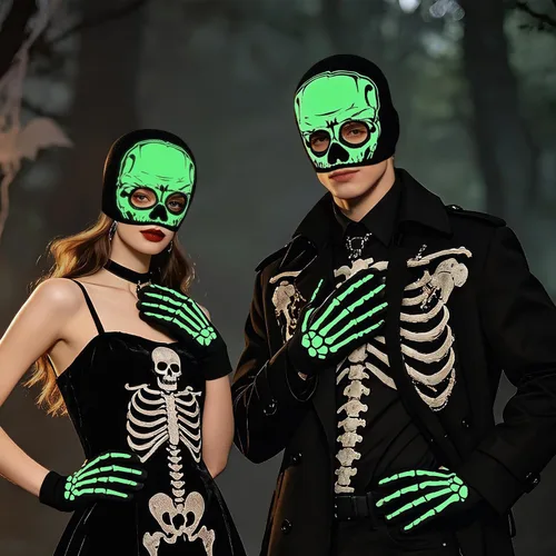 Vista 2 de Glow in the Dark Skeleton Mask and Gloves Set for Halloween