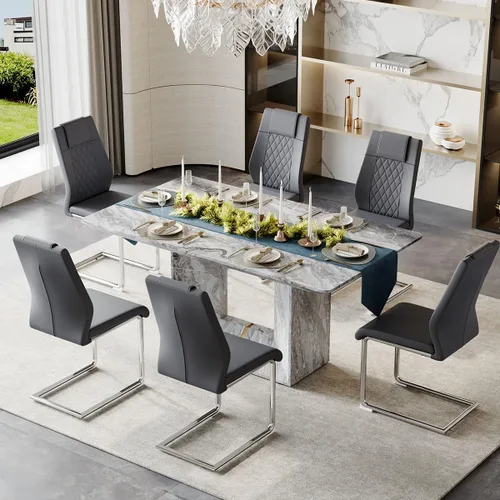 Vista 19 de Juego de mesa de comedor para 4, juego de mesa de comedor de 5 piezas con sillas, mesa moderna de mármol sintético de 63 pulgadas con 4 sillas