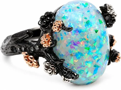 Vista 12 de Henrietta - Anillos de ópalo de fuego simulado para mujer, anillo de Negro