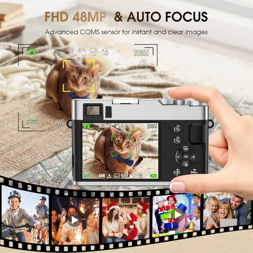 Vista 2 de Cámara digital 4K 48MP mejorada con enfoque automático de tarjeta SD Point and Shoot Camera with Flash Viewfinder & Dial,Vlogging Camera