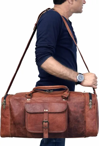 Vista 4 de Bolsa de lona de cuero genuino de 22 y 24 pulgadas Bolsa de cuero para viajes durante la noche Bolsa de deporte para gimnasio para hombres