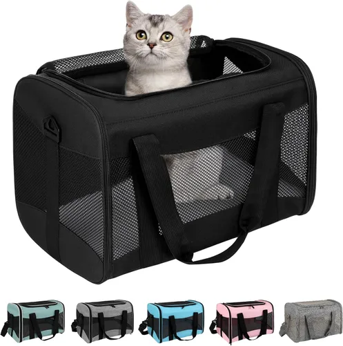 Vista 5 de Estuche de transporte para gatos, aprobado por aerolíneas, portátil y transpirable, transportador de viaje para mascotas, almohadilla de forro polar