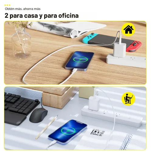 Vista 6 de Cargador rápido para iPhone, cable de carga de teléfono, paquete de 3 cargadores de iPhone de carga rápida de 6 pies, adaptador de carga USB C de 6