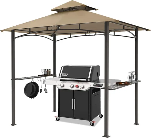 Vista 9 de MASTERCANOPY Gazebo de parrilla de 8 x 5 para exteriores, toldo con 2 luces LED (costuras marrones caqui)