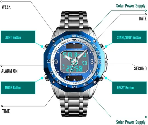 Vista 5 de VIGOROSO Reloj de pulsera analógico digital de cuarzo para hombre con energía solar y acero inoxidable