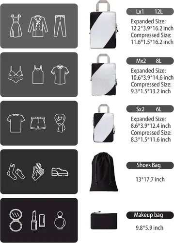 Vista 2 de Juego de 7 cubos de compresión para maleta, artículos esenciales de viaje, bolsas organizadoras para equipaje, accesorios de viaje, organizadores
