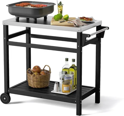 Vista 10 de TORVA Carrito de parrilla de preparación al aire libre con mesa de pasivación, carrito de parrilla rodante resistente a los arañazos de alta dureza