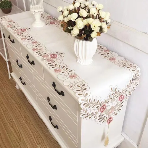 Vista 2 de Camino de mesa bordado con flores, cubierta de mesa de té de diseño moderno y elegante, mantel de poliéster para restaurante, cocina, comedor, boda