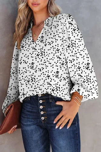 Vista 2 de Dokotoo - Camisetas de gasa para mujer, manga larga con fruncidos, cuello en V, estampado floral, blusa tipo Alicia, estilo informal y bohemio