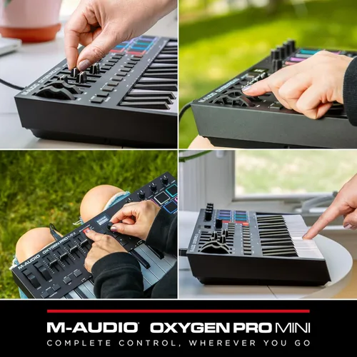 Vista 10 de M-AUDIO Oxygen Pro Mini Controlador de teclado MIDI USB de 32 teclas para MacOS y WinOS, con Beat Pads, perillas y faders asignables, y paquete
