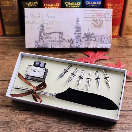 Vista 6 de Calligraphy Pen Set- Feather Quill Pen Set Antique Dip Feather Pen Calligraphy Writing with 6 PCS Nibs and Ink (RED) (Black)