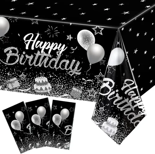 Vista 9 de Breling - Paquete de 3 manteles de plástico con diseño de feliz cumpleaños, decoración de feliz cumpleaños, manteles rectangulares de confeti