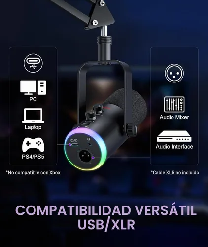 Vista 5 de Micrófono dinámico para juegos Modo dual USB/XLR Kit de micrófono de brazo RGB con silencio de un solo toque, monitor de auriculares, control