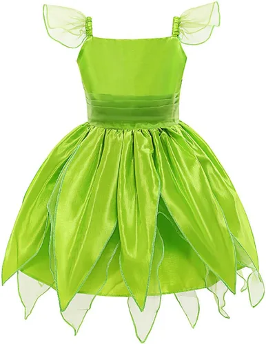 Vista 4 de Disfraz de hada de flores, conjunto de disfraz de princesa para niñas, Tinker Bell ropa para Halloween, disfraz de cosplay con ala, verde