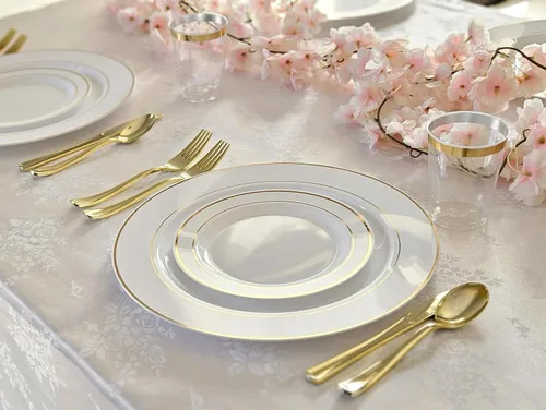 Vista 3 de Platos de plástico desechables Occasions para fiestas de boda (120 unidades), Blanco / Borde dorado