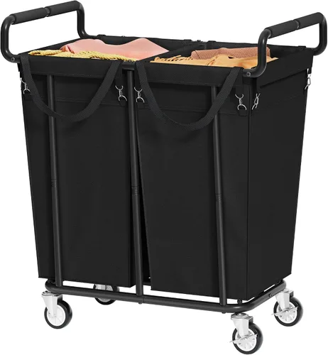 Vista 10 de Cesta de lavandería con ruedas, cesta de lavandería mediana de 250 litros para almacenamiento de ropa, carrito de lavandería resistente con asa Negro