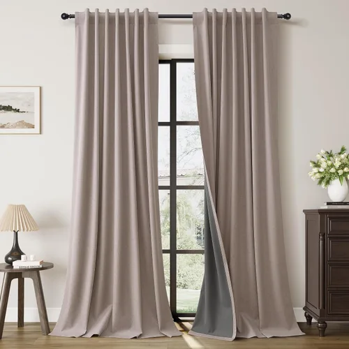 Vista 23 de Guken Cortinas opacas de lino, 2 paneles rústicos, elegantes, 100% opacas, con aislamiento térmico, banda de ganchos y trabilla trasera, 52 x 84