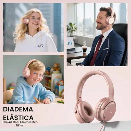 Vista 4 de Auriculares con cable USB C sobre la oreja con micrófono, control de volumen, puerto compartido y diadema ajustable, auriculares estéreo plegables